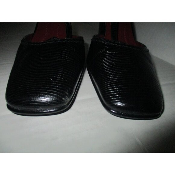 Ralph Lauren Black Leather T-Strap Heels Logo Buckles - Picture 3 of 7